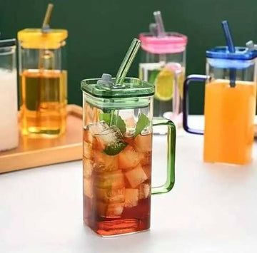 Glass Cups with Lid and Straw